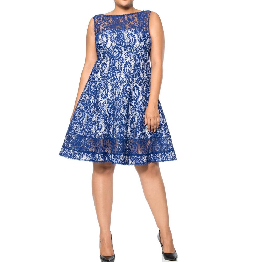 Tadashi Shoji Corded Lace Spacer Mesh Fit and Flare mini sleeveless Dress blue